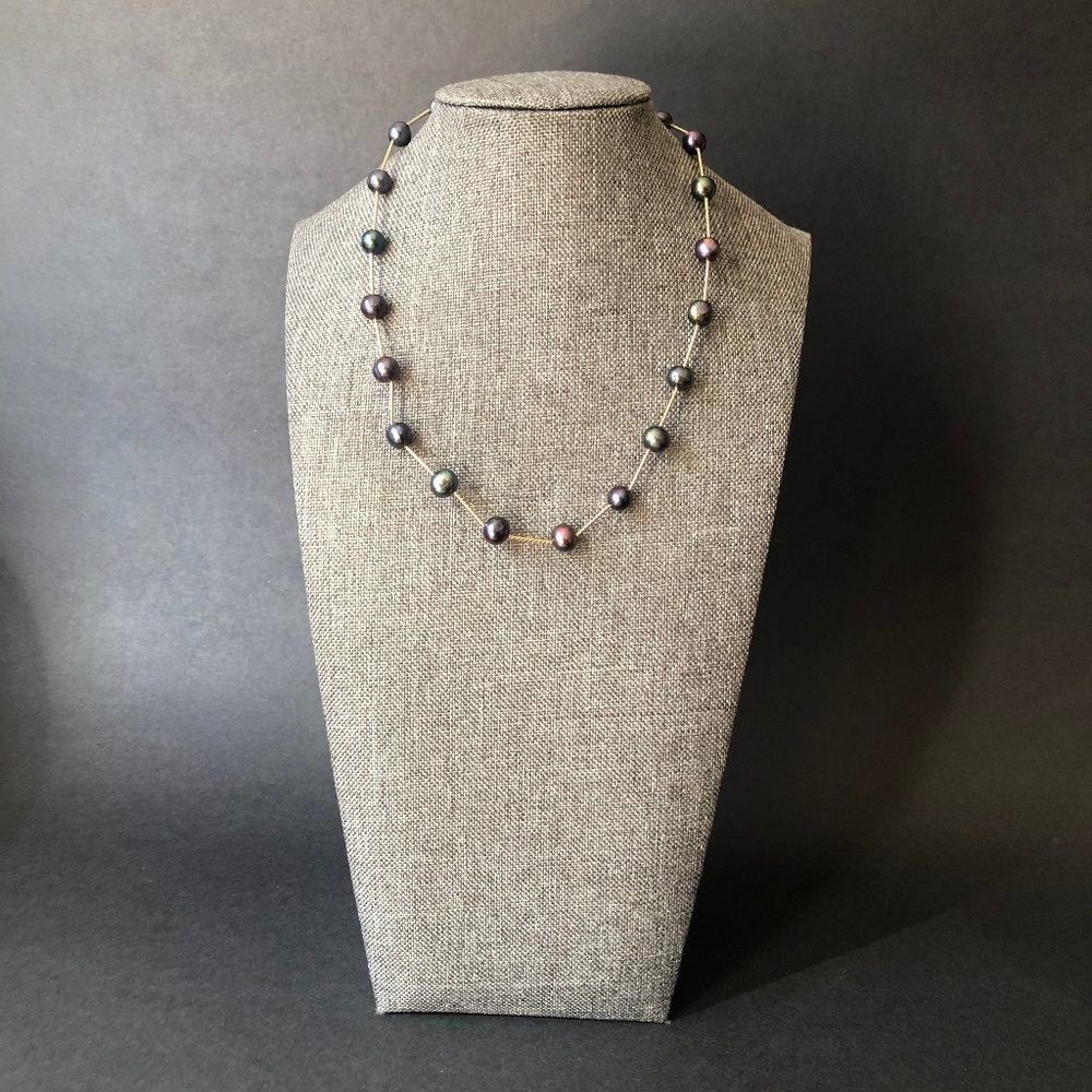 Vintage Peacock Color Pearl Necklace/ Deep Blue